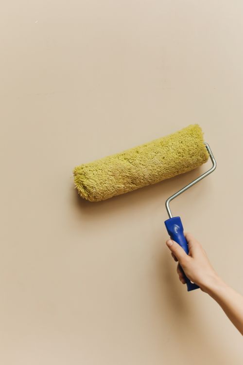 Hand met verfroller die een binnenmuur schildert na het stucwerk